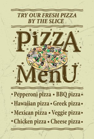 Ilustración de Lista de menú de pizza con pizza entera, maqueta vectorial estilo vintage - Imagen libre de derechos