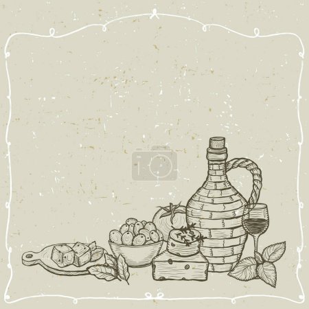 Ilustración de Marco gráfico con ingredientes alimentarios tradicionales mediterráneos bodegón. Aceitunas, botella de vino, verduras, queso y hierbas ilustración vectorial gráfica dibujada a mano, espacio vacío para el texto - Imagen libre de derechos