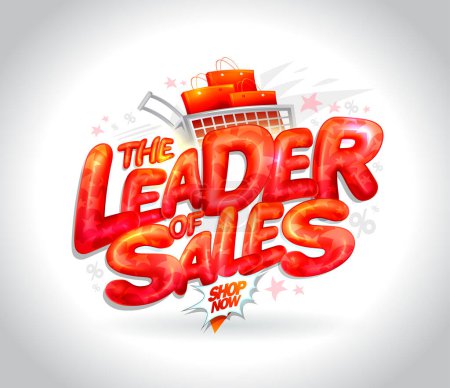 Illustration for The leader of sales vector flyer mockup with red glossy letters and full shopping cart - Royalty Free Image