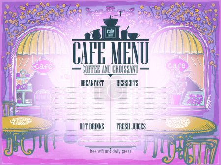 Illustration for Cafe menu list template with vintage style graphic illustration of old style street cafe and place for text - Royalty Free Image