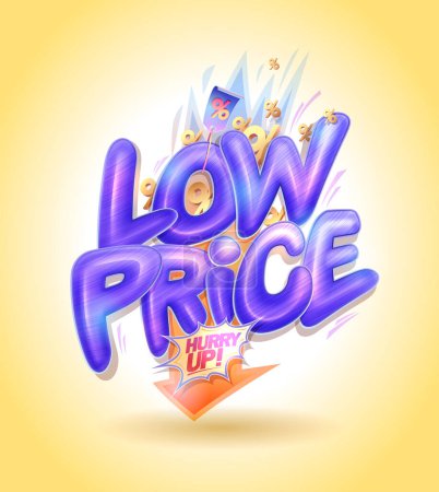 Illustration for Low price, hurry up - vector web banner template with glossy lettering and arrow down - Royalty Free Image