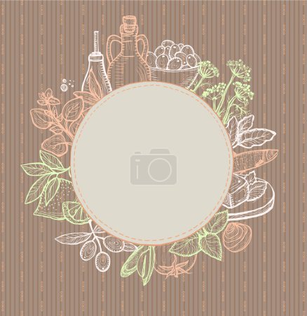 Ilustración de Marco vectorial dibujado a mano para la cubierta del menú con ingredientes mediterráneos: aceite de oliva, verduras, queso, hierbas y mariscos, espacio vacío para el texto - Imagen libre de derechos