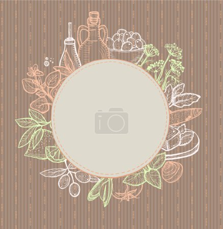 Hand drawn vector frame for menu cover with mediterranean food ingredients - olive oil, vegetables, cheese, herbs and seafood, empty space for text