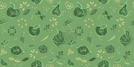 Illustration for Vegan style seamless pattern design with fruits, doodle style hand drawn vector pattern - Royalty Free Image