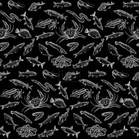 Téléchargez les illustrations : Motif sans couture graphique de la vie marine avec poissons et fruits de mer, motif vectoriel dessiné à la main, noir et blanc - en licence libre de droit