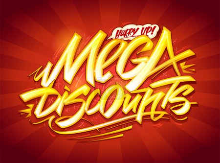 Illustration for Mega discounts, vector flyer template with hand drawn golden lettering - Royalty Free Image