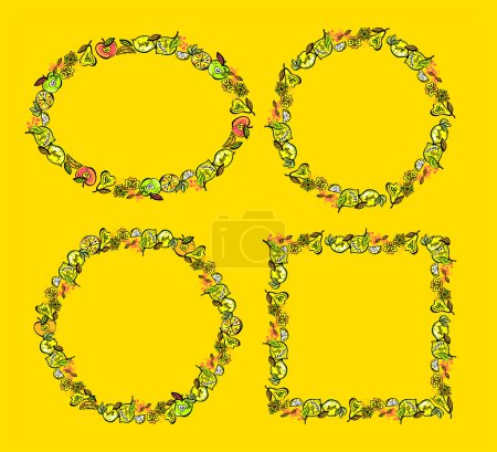 Illustration for Fruit frames set, vector graphic illustration with oval, round and square borders for vegetarian food on bright yellow backdrop - Royalty Free Image
