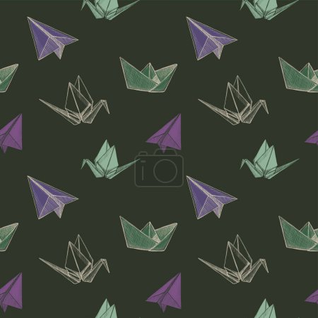 Illustration for Seamless pattern design with illustration of origami plane, crane and boat, vector hand drawn seamless pattern template - Royalty Free Image