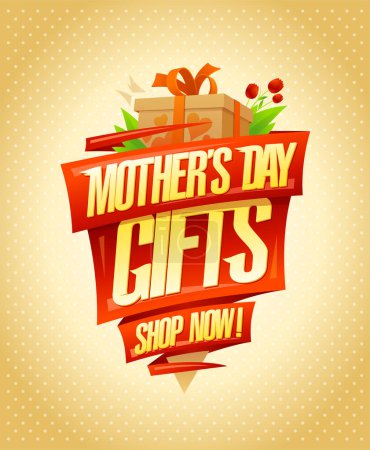 Téléchargez les illustrations : Cadeaux de fête des mères, modèle de bannière de vente de vacances vectorielles avec fleurs et boîte cadeau - en licence libre de droit