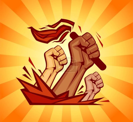Illustration for Vector poster with riot hands, one hand holding torch, people protest concept - Royalty Free Image