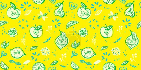 Téléchargez les illustrations : Modèle vectoriel sans couture de style végétalien avec des fruits, fond jaune vif - en licence libre de droit