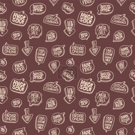 Illustration for Hand drawn seamless vector pattern, sale and discounts theme brown background - Royalty Free Image