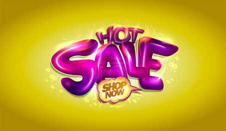 Illustration for Hot sale vector banner or poster mockup with 3D shiny magenta letters and golden backdrop - Royalty Free Image