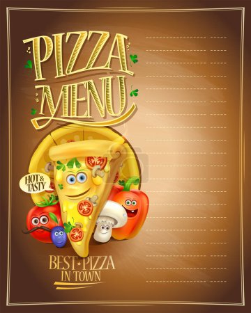 Illustration for Pizza menu list with cartoon personages with funny pizza slice and cute vegetables, empty space for text - Royalty Free Image