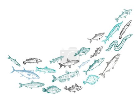 Téléchargez les illustrations : Schéma graphique des poissons de fond, illustration vectorielle du tourbillon de poissons en bancs - en licence libre de droit