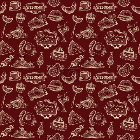 Illustration for Breakfast food style seamless pattern with hand drawn food symbols elements - Royalty Free Image