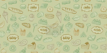 Téléchargez les illustrations : Motif sans couture avec desserts et produits de boulangerie symboles graphiques, fond vectoriel dessiné à la main, style vintage - en licence libre de droit