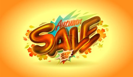 Ilustración de Plantilla de vector de cartel de venta de otoño o banner web con letras 3D brillantes, hojas de arce de otoño y fondo amarillo brillante - Imagen libre de derechos