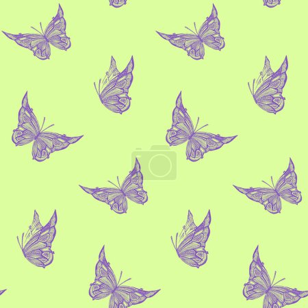 Ilustración de Patrón verde sin costuras con mariposas voladoras violetas, fondo de vector gráfico de arte - Imagen libre de derechos