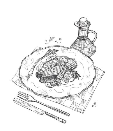 Téléchargez les illustrations : Illustration graphique d'un steak de saumon grillé sur une assiette de tomates cerises et brocoli, illustration vectorielle dessinée à la main - en licence libre de droit