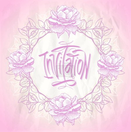 Ilustración de Tarjeta de invitación con marco de corona floral de rosas clásicas, ilustración vectorial dibujada a mano - Imagen libre de derechos