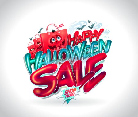 Téléchargez les illustrations : Modèle vectoriel de bannière Web de vente d'Halloween heureux avec des personnages amusants de sacs à provisions et un lettrage de style 3D brillant - en licence libre de droit
