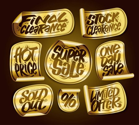 Illustration for Final clearance, super sale, hot price, stock clearance, one day sale, sold out, limited offer - vector golden stickers set - Royalty Free Image