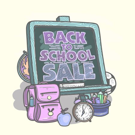 Ilustración de Volver a la venta de la escuela, dibujado a mano diseño gráfico banner web vector plantilla con pizarra y herramientas de la escuela - Imagen libre de derechos