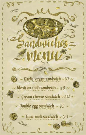 Téléchargez les illustrations : Menu de sandwichs avec croquis graphique dessiné à la main d'un sandwich tomate, style rétro - en licence libre de droit