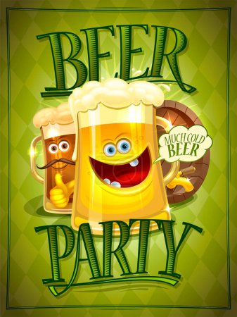 Ilustración de Cartel de fiesta de cerveza, invitación o diseño de banner web con personajes de jarras de cerveza felices de dibujos animados - Imagen libre de derechos