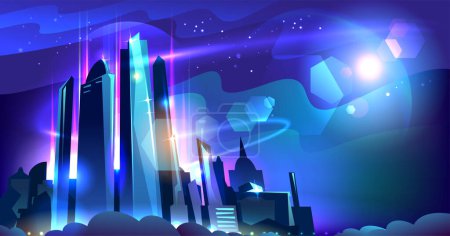 Ilustración de Ilustración vectorial de metrópolis nocturna, paisaje urbano nocturno con arquitectura futurista - Imagen libre de derechos
