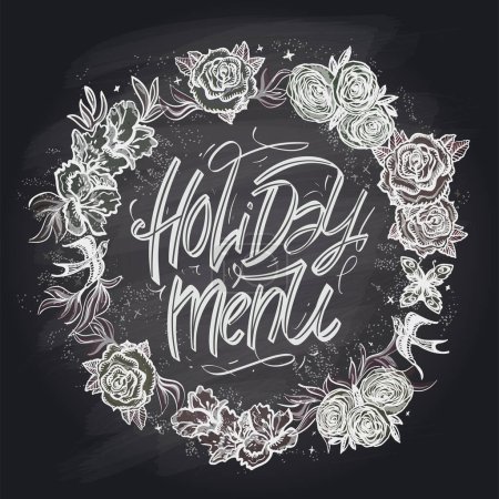 Illustration for Chalkboard holiday menu banner with classical floral frame, hand drawn vector illustration - Royalty Free Image