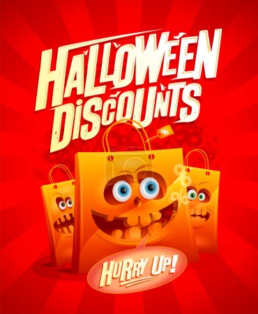 Illustration for Halloween discounts sale web banner design concept with crazy cartoon paper bags - Royalty Free Image
