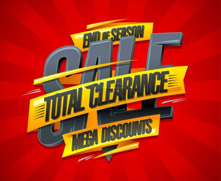 Illustration for End of season sale, total clearance, mega discounts, vector web banner template with golden ribbon - Royalty Free Image