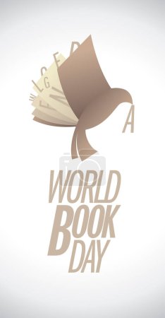 Illustration for World book day card design with a book flying like a dove bird and carrying the A letter - Royalty Free Image