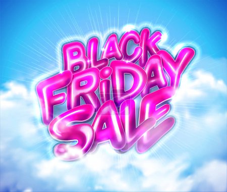 Illustration for Black Friday sale vector web banner or flyer mockup with shiny pink 3D lettering and cloudy sky - Royalty Free Image