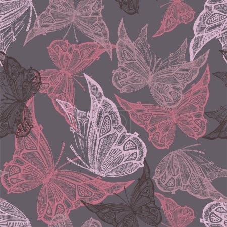 Illustration for Seamless fashion vector pattern with flying butterflies, suitable for textile print, hand drawn illustration - Royalty Free Image