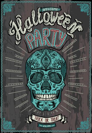 Ilustración de Cartel de fiesta de Halloween con dibujo a mano arte gráfico del cráneo mexicano - Imagen libre de derechos