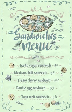 Ilustración de Pantalla de menú de sándwiches, ilustración de vectores de menú dibujado a mano con sándwich de tomate y verduras - Imagen libre de derechos
