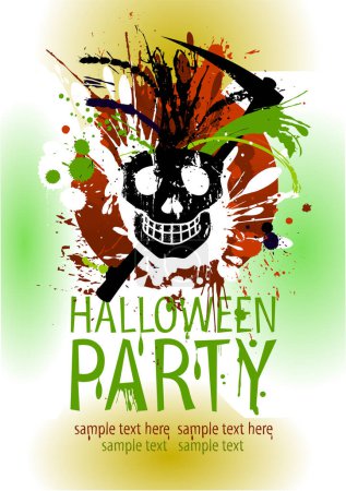 Téléchargez les illustrations : Modèle vectoriel d'affiche de fête d'Halloween avec crâne grunge, taches de couleur et endroit pour le texte, adapté pour la bannière ou l'affiche d'Halloween - en licence libre de droit