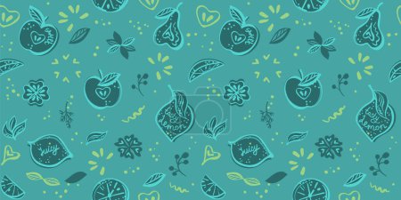 Illustration for Green vector pattern with assorted fruits, vegan style background - Royalty Free Image