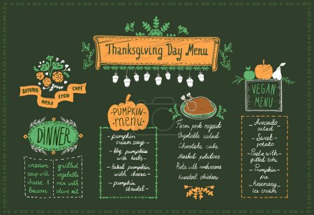 Ilustración de Feliz día de Acción de Gracias menú del día de fiesta, calabaza y menú vegano, pavo asado y platos de temporada de otoño - Imagen libre de derechos