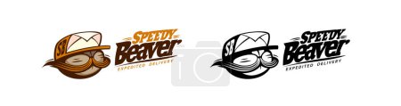 Ilustración de Speedy Beaver servicio de entrega vector logotipo plantilla con bigote castor en sombrero sobre - Imagen libre de derechos