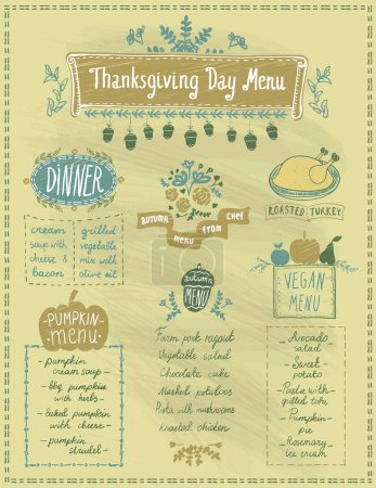 Téléchargez les illustrations : Joyeux Thanksgiving jour modèle de menu de vacances avec dîner, menu citrouille et végétalien, dinde rôtie et plats de saison d'automne - en licence libre de droit