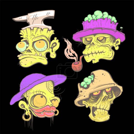 Ilustración de Zombie cabezas dibujado a mano dibujo gráfico estilo ilustración vectorial detallada, caras locas halloween - Imagen libre de derechos