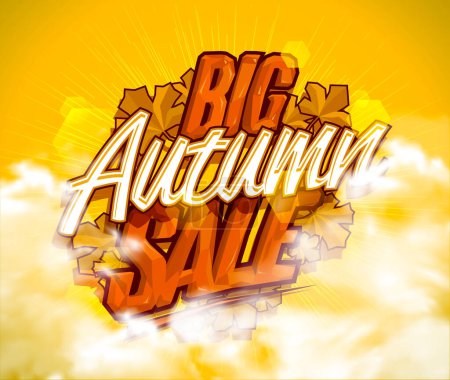 Illustration for Big autumn sale, advertising vector web banner template with 3D lettering and clouds background - Royalty Free Image