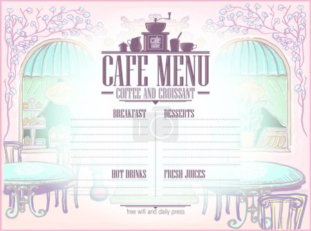 Téléchargez les illustrations : Modèle de liste de menu Café avec arrière-plan graphique ancien café de rue et endroit pour le texte - en licence libre de droit