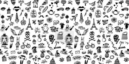 Illustration for Doodle style graphic seamless pattern with flowers and skulls, fruits and sweets line elements, youth style - Royalty Free Image