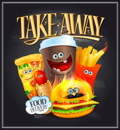 Illustration for Take away food, chalkboard vector banner with funny food - Royalty Free Image