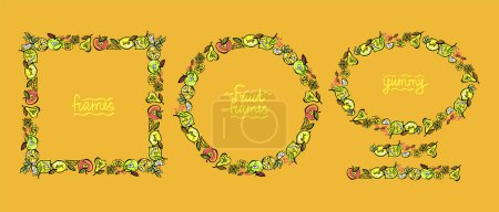 Ilustración de Conjunto de marcos de fruta y conjunto de pinceles de fruta, ilustración gráfica vectorial con bordes ovalados, redondos y cuadrados con comida vegetariana - Imagen libre de derechos